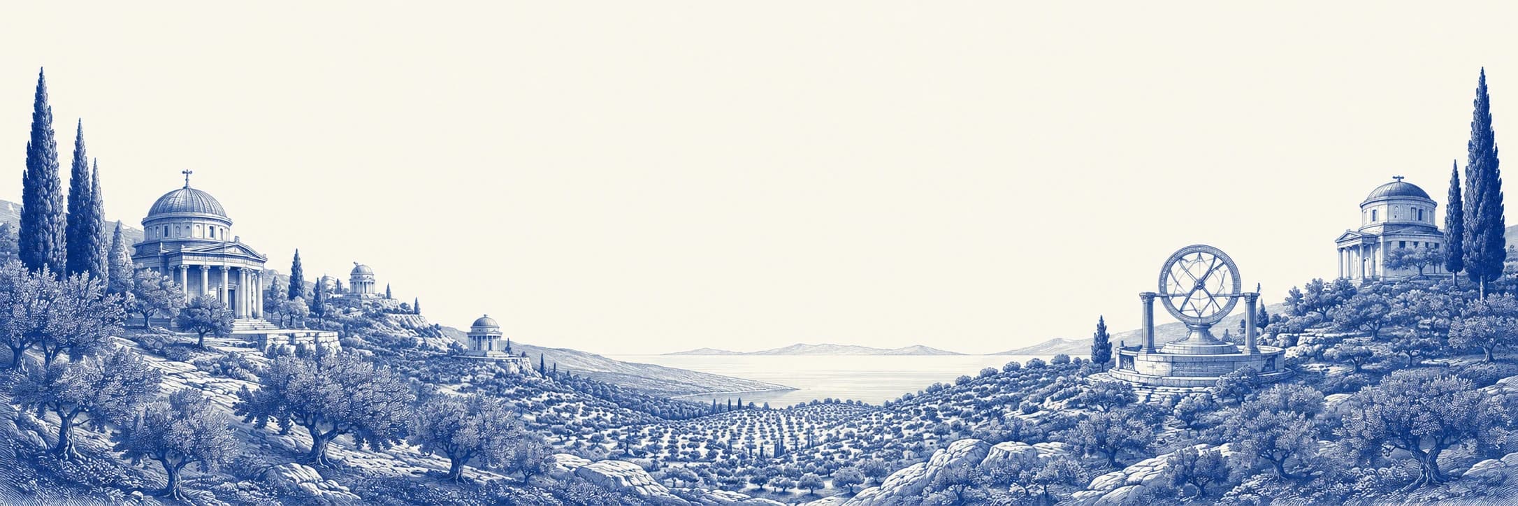 A blue engraved Arcadian landscape, with classical architecture, mountains and a winding river.