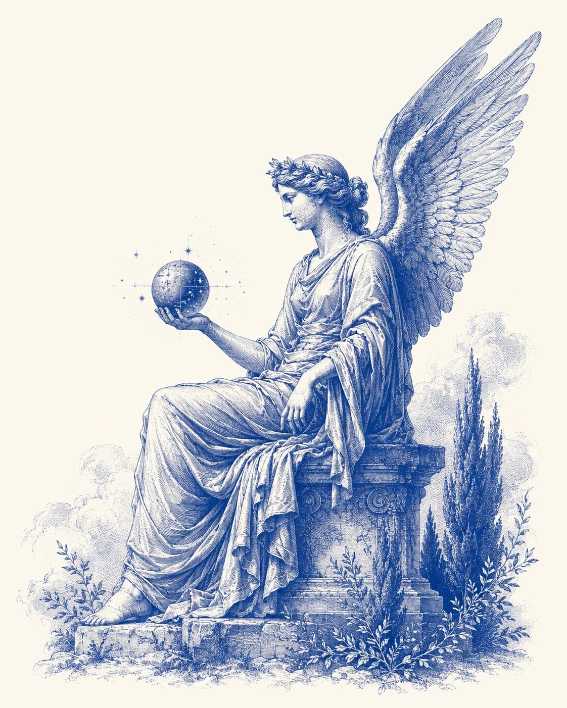 A winged oracle studies a celestial sphere, engraved in blue ink.